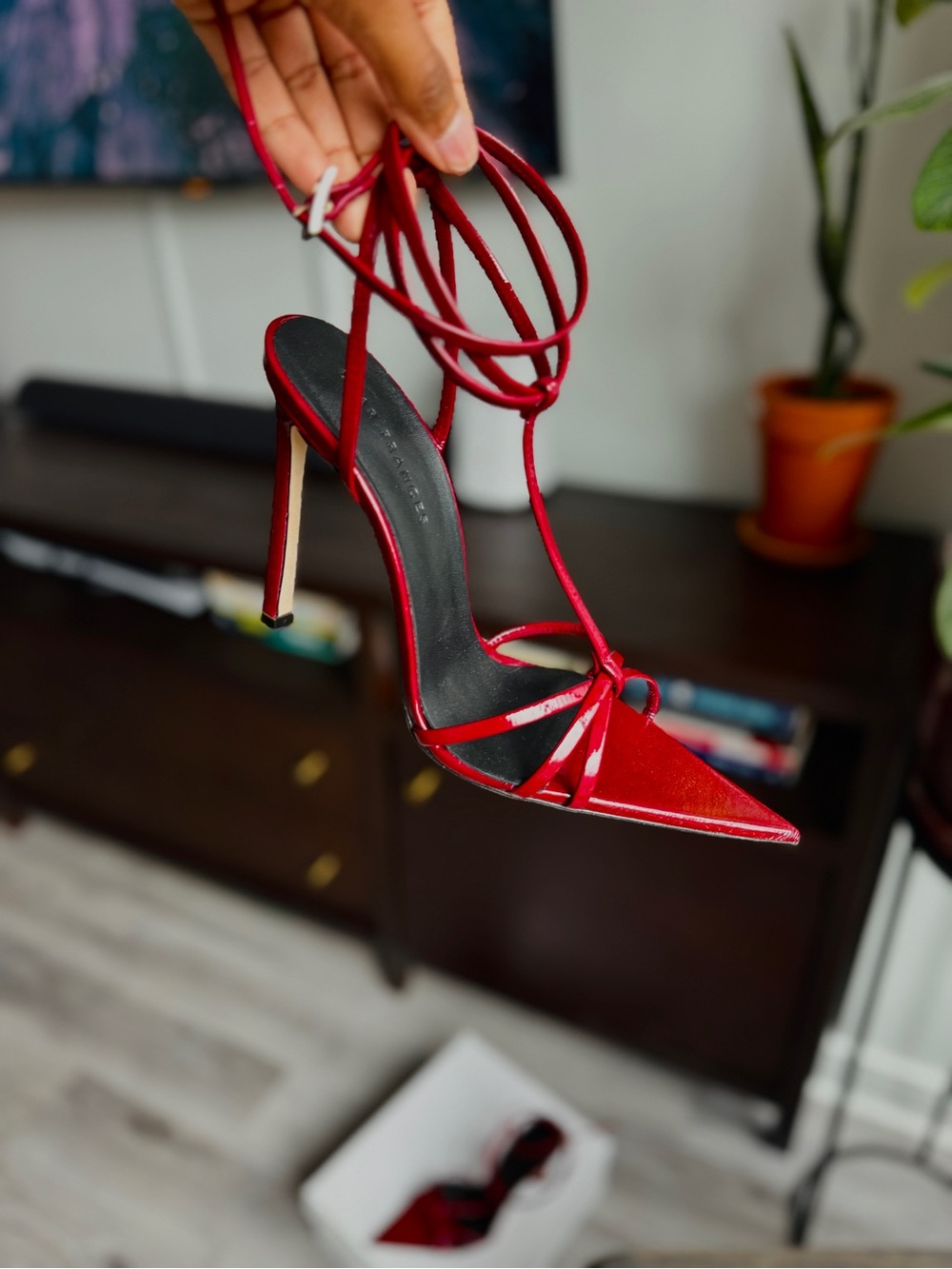 Dear Frances Burgundy Patent Leather Strappy Pointed-Toe Stiletto Sandals